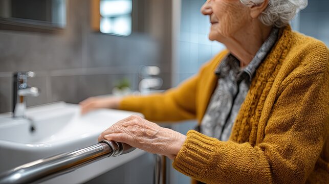 Elderly woman using support rail in modern bathroom while preparing for daily routine