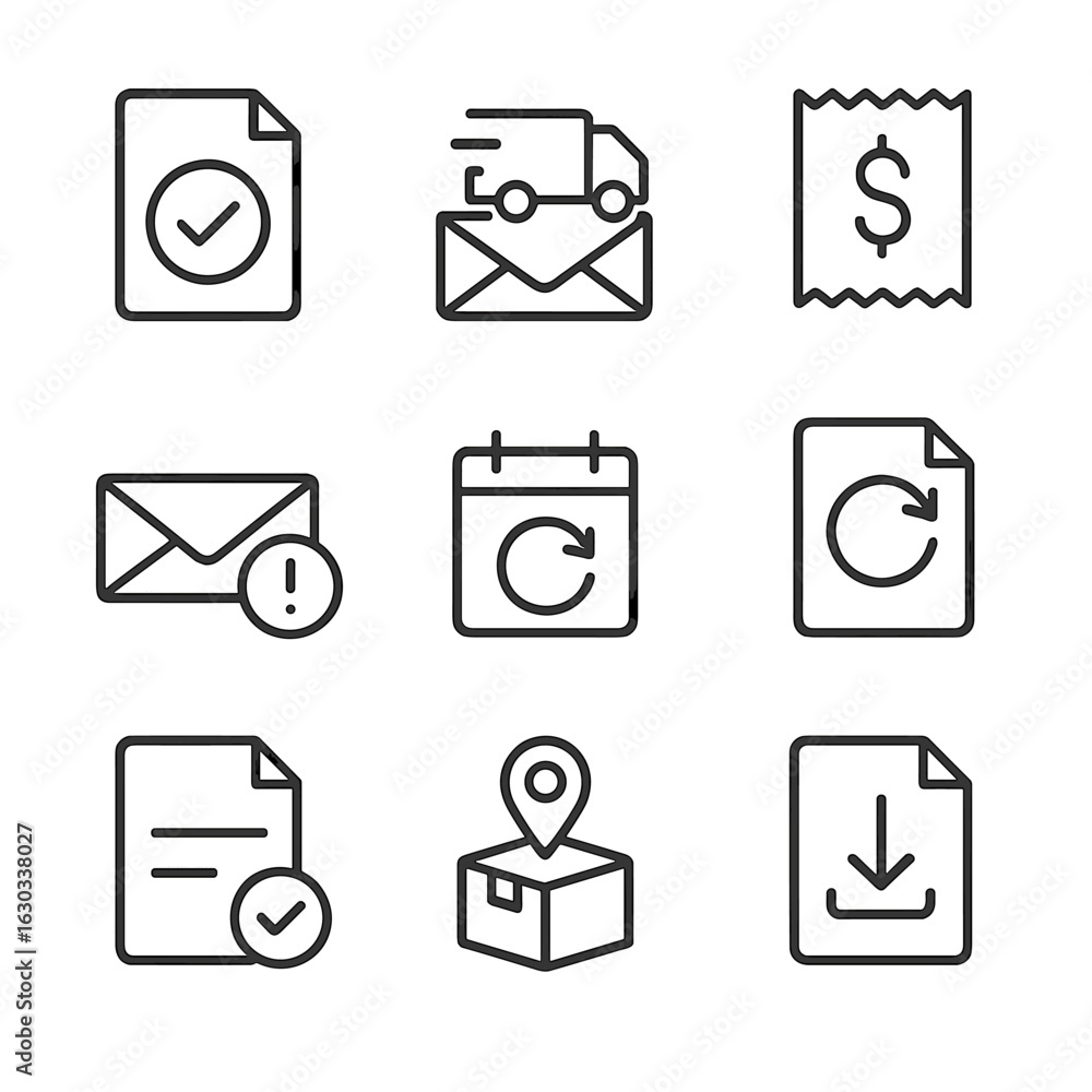 Poster transactional icon set. outline icon set of transactional notifications: order confirmation, shippin