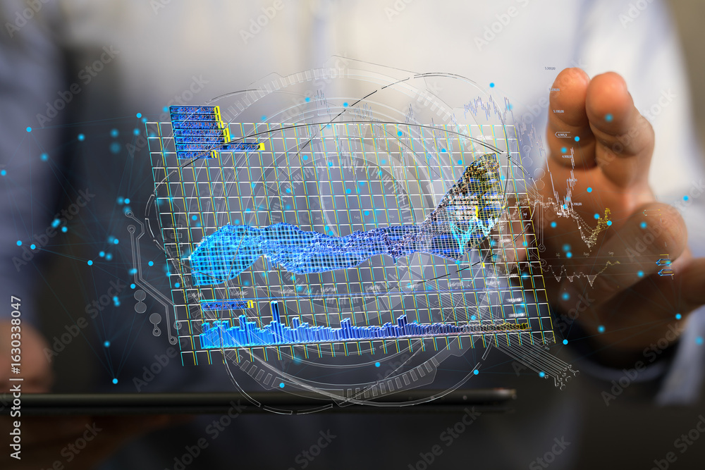 Poster stock photo of a person interacting with a holographic data visualization, showcasing charts and gra