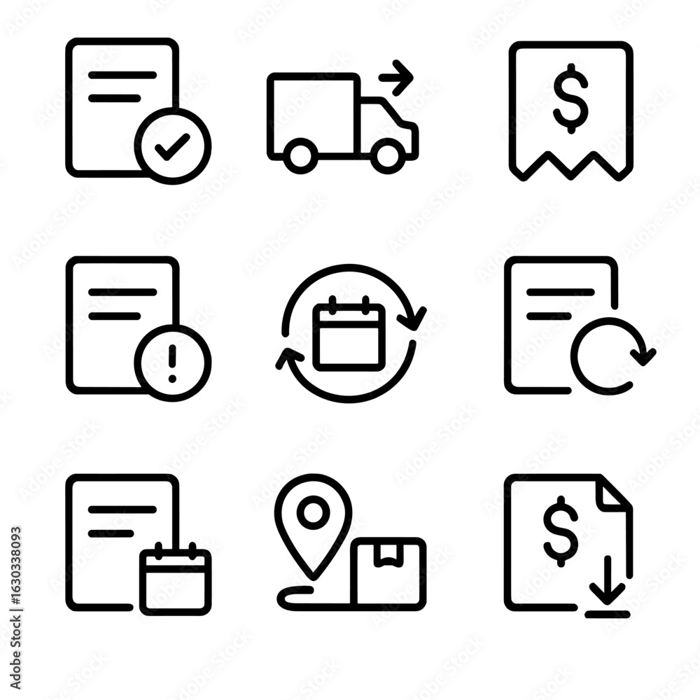 Poster transactional icon set. outline icon set of transactional notifications: order confirmation, shippin