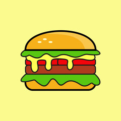 Vector illustration of a cartoon cheeseburger with lettuce, tomato, meat patty, and melted cheese on a yellow background. Bright and playful food flat design