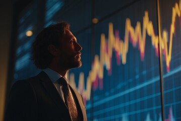 Thoughtful senior financial analyst in suit looking at stock market data display in dark office, concept for investment strategies, economic forecast and market analysis