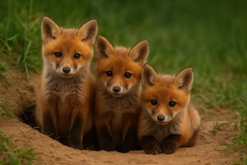Fototapeta premium Three young foxes in a serene garden, their curious eyes meeting ours as they explore the world around them