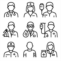 Transfusion Specialists Icon Set. Outline icon set of transfusion-related medical professionals: doctor, nurse, phlebotomist, lab