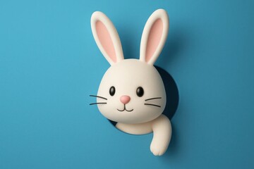 A playful rabbit peeks out from a hole in a vibrant blue background