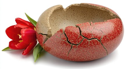 Obraz premium A cracked ceramic bowl with a red glaze, beside a red tulip.