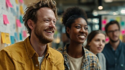 Diverse group of colleagues smiles during a collaborative brainstorming session near sticky notes, concept for team project planning, corporate innovation and business growth strategy
