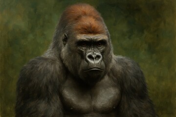 A gorilla gazes into the distance with a steady, unwavering presence