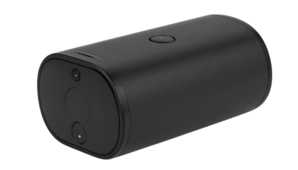 Sleek black security camera with lens, microphone, and power button for home monitoring and surveillance systems on transparent background