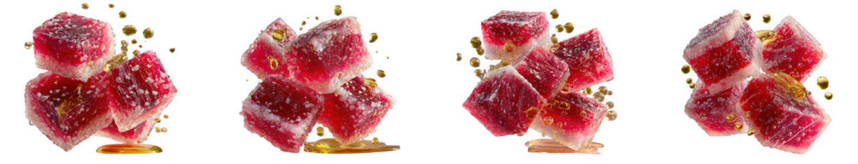 Close up of gummy cube candies with sugar crystals scattered around them on a transparent background