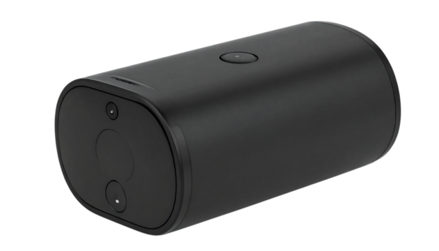 Sleek black security camera with lens, microphone, and power button for home monitoring and surveillance systems on transparent background