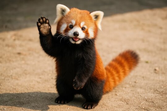A playful greeting from the red panda, waving its paw in a friendly gesture