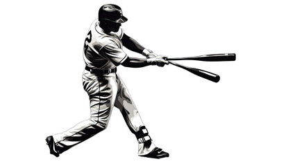 Title: Black and White Baseball Player in Action Pose Fully Isolated on Clean White Background for Sports Design and Creative Use