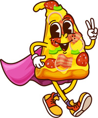 Cartoon groovy fast food pizza superhero character. Takeout cafe meal hero funny groovy vector personage, fast food restaurant cheerful Y2K mascot. Salami pizza piece superhero happy 60s character