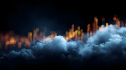 Glowing cityscape with data visualization charts and cloud storage analytics