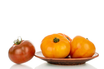 Juicy fresh tomatoes isolated on white background, close-up.