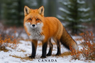 Fototapeta premium A solitary red fox stands guard in winter's embrace, its gaze reflecting the quiet beauty of Canada's natural world