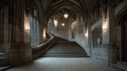 Fototapeta premium Grand stone staircase in gothic building, hallway, architecture
