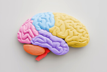 3D bas relief of a human brain made of white cement on a white background.