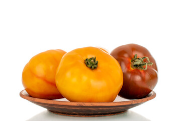 Juicy fresh tomatoes isolated on white background, close-up.