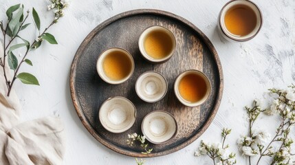 Small ceramic teacups on wooden tray, surrounded by sprigs