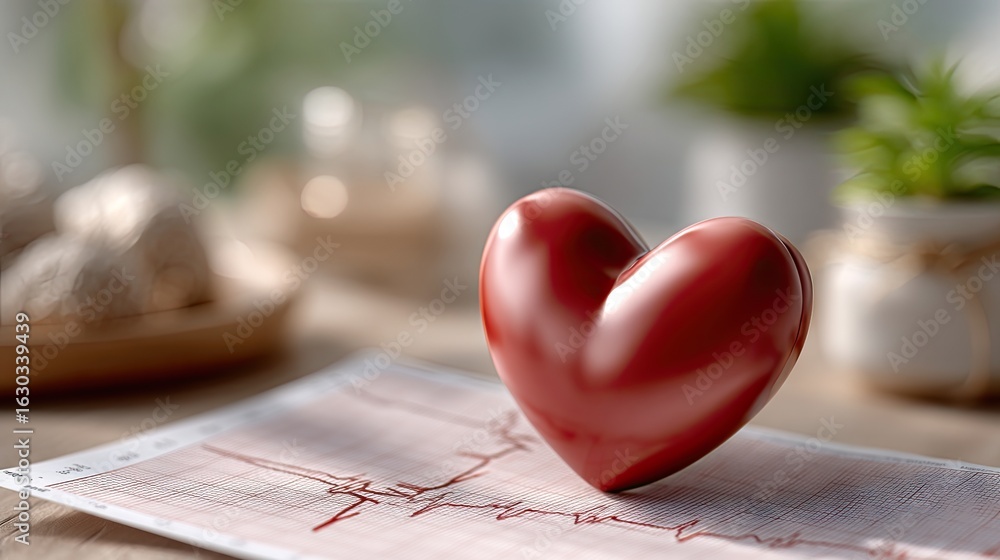 Poster heart-shaped model resting on an ecg graph with plants in the background during daylight