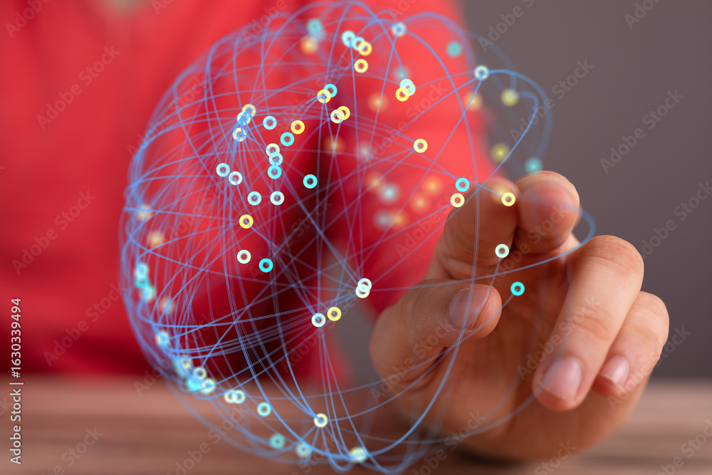 Poster abstract image of hand interacting with a digital network sphere. represents connection, technology,