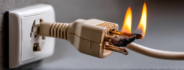 Burning electrical plug causes fire hazard at home in the evening due to faulty wiring and improper usage