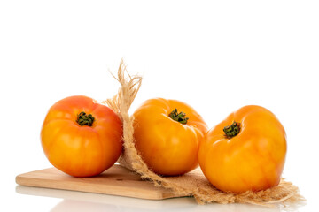 Juicy fresh tomatoes isolated on white background, close-up.