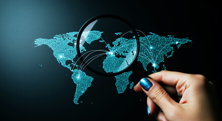 Global Search and Data Analysis, with a Magnifying Glass over a World Map with a Connected Network of Points, Representing Worldwide Business and Research.