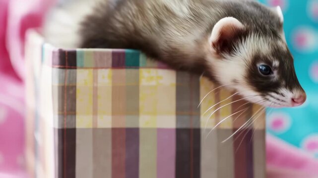 Playful ferret investigating patterned gift box, sniffing, peeking inside colorful container with whimsical curiosity against bright pastel backdrop