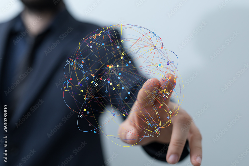 Aufkleber abstract image of a hand interacting with a digital network. perfect for technology, ai, or global c