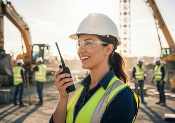 Smiling woman in hardhat and safety vest holding a walkietalkie on a construction site