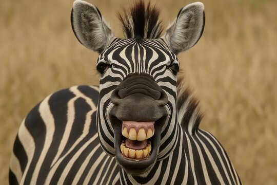 A playful zebra with its mouth open wide, showcasing a row of bright yellow teeth, stands against a blurred backdrop