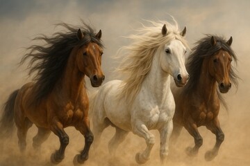 A trio of wild horses gallops through a sandy expanse, their manes flowing in the wind