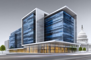 Obraz premium Modern architectural marvel showcasing a striking blend of glass and steel structures alongside a historic government building epitomizing the harmony of innovation and tradition in urban