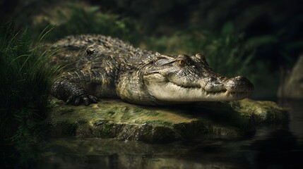 Fototapeta premium Crocodile resting on riverbank in reptile habitat lighting