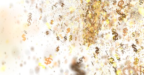 Abstract image of many golden dollar signs on white background. Perfect for finance, money, wealth concepts.