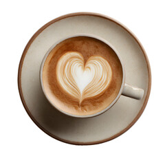 A deliciously crafted latte with a perfect heart shape foam art sitting on a rustic saucer against a dark background