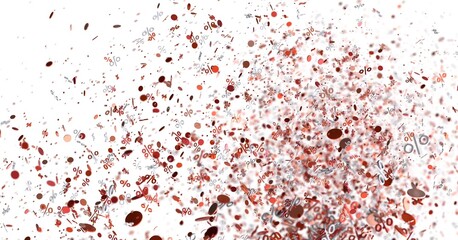 Abstract background image of red percentage symbols exploding like confetti. Ideal for sales, discounts, and promotions.