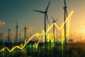 Energetic line graph illustration showcasing growth against a backdrop of wind turbines at sunset, concept for renewable energy investment, financial progress, and sustainable economy.