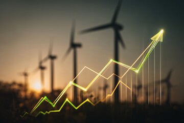 Wind turbines in the background with a rising graph showcasing renewable energy growth and success, concept for ecological investment, sustainable future, and eco-friendly business.