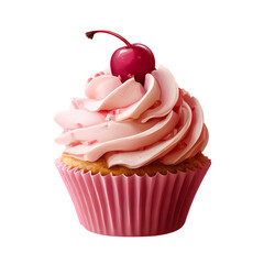 A deliciously frosted vanilla cupcake topped with a bright red cherry and pink swirled icing against a stark black background