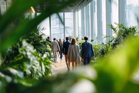 Group of diverse business people walking in office corridor with indoor plants and large windows, concept for modern workspace, corporate culture, and eco-friendly office design