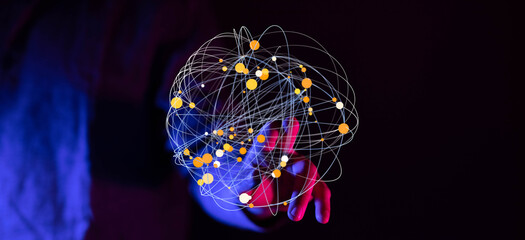 Abstract image of hand interacting with a digital global network.  Ideal for technology,...