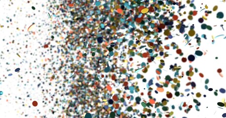 Abstract image of colorful confetti falling against a white background. Ideal for celebration, party, and festive designs.