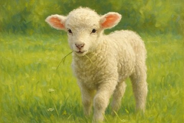 Obraz premium A young lamb stands amidst a verdant field, its gentle eyes reflecting the tranquility of its surroundings