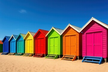 Naklejka premium A vibrant array of beach huts stands in a row on the sandy shore, each painted in a unique hue that adds a splash of color to the serene blue sky