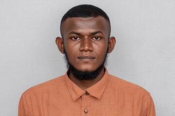 Obraz premium Confident male portrait in textured fabric shirt showcasing professional demeanor against a subtle gray background presenting modern self-expression and personal branding in today's digital age