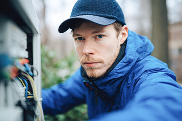 A technician inspecting electrical equipment outdoors, dressed in a blue jacket and cap, focused on maintenance or troubleshooting in a natural setting.